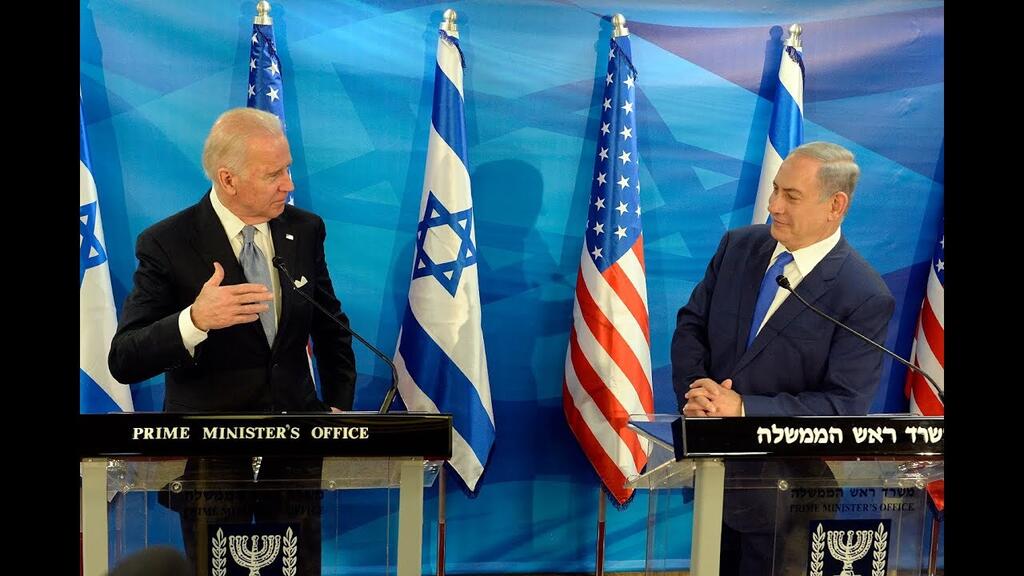 Then U.S. vice president Joe Biden and Prime Minister Benjamin Netanyahu addressing the press in Jerusalem, March 2016  