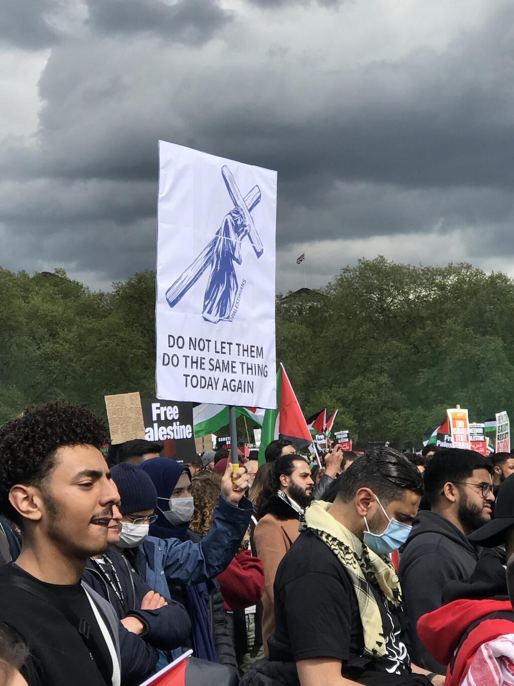 An anti-Semitic banner at a pro-Palestinian demonstration in Hyde Park, London in May 2021 
