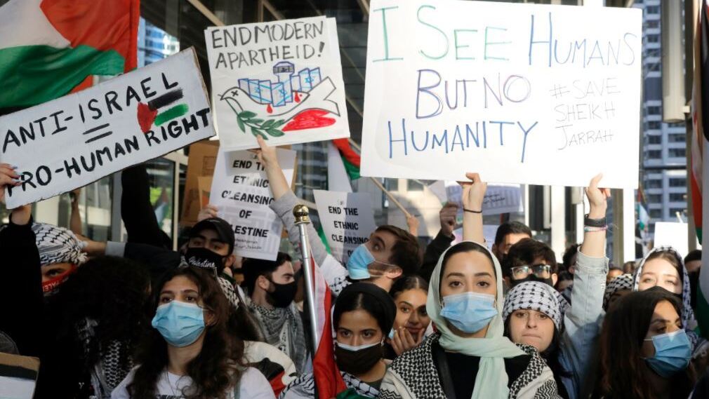 Hundreds of protesters gather and protest in support of Palestinians in front of the Consulate General of Israel on May 12, 2021 in Chicago.