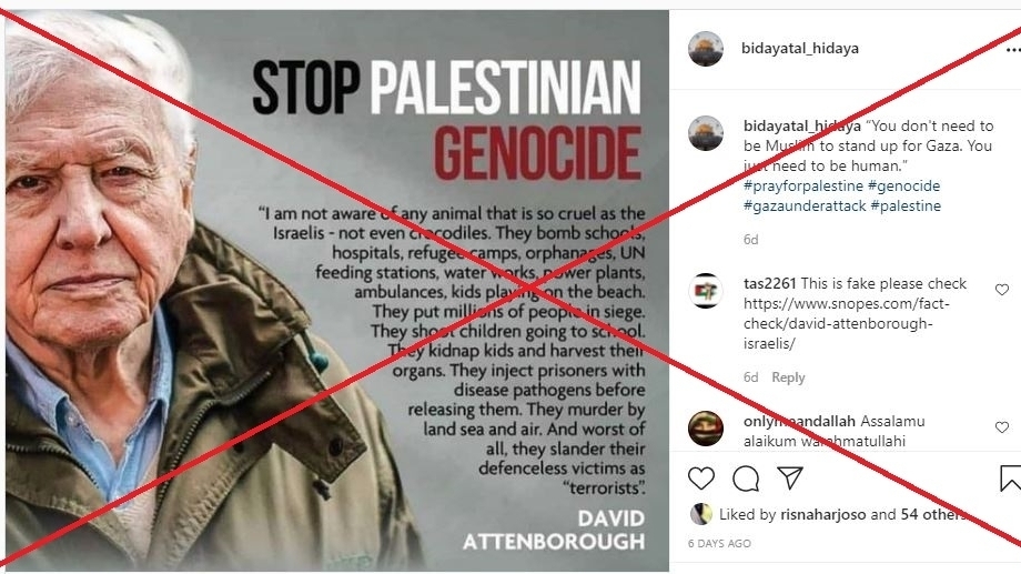 A screenshot of the misleading David Attenborough Instagram post as of May 26, 2021 