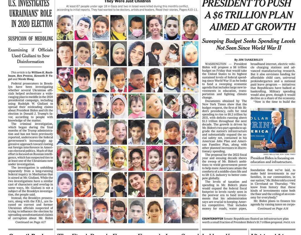 שער ה"ניו יורק טיימס" עם תמונות הילדים והנערים שנהרגו במבצע