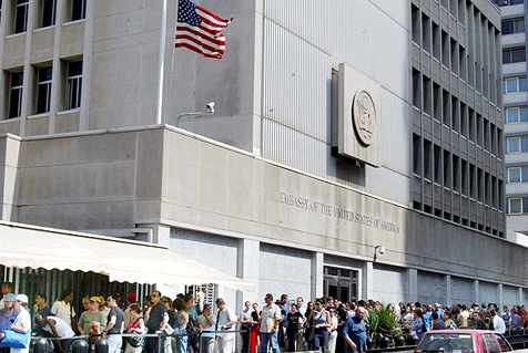 Israelis line up outside the U.S. embassy in Tel Aviv to apply for entry visas in 2019 