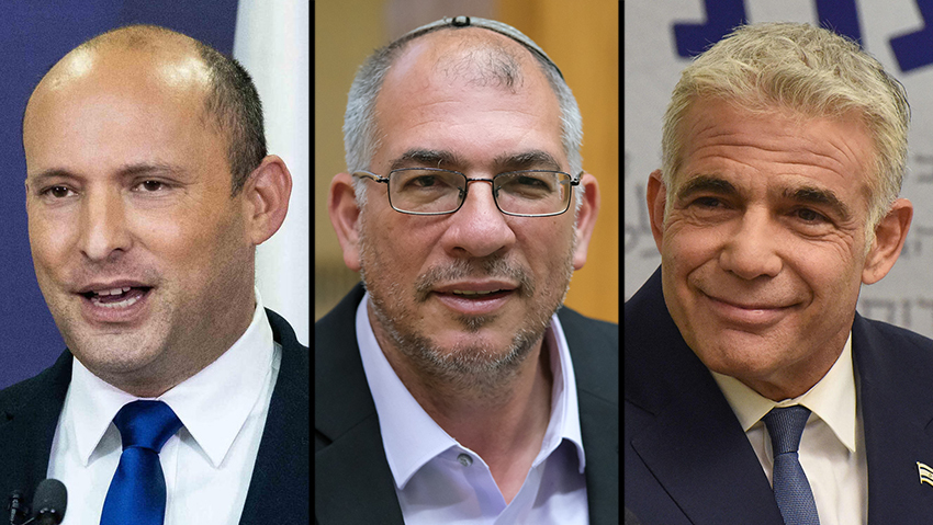 Yamina chief Naftali Bennett, Yamina MK Nir Orbach and Yesh Atid leader Yair Lapid 