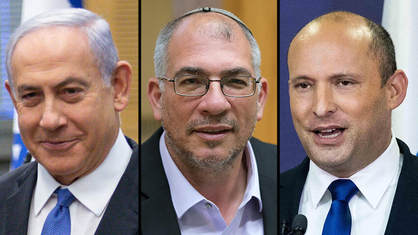 Prime Minister Benjamin Netanyahu, Yamina MK Nir Orbach and Yamina chief Naftali Bennett 