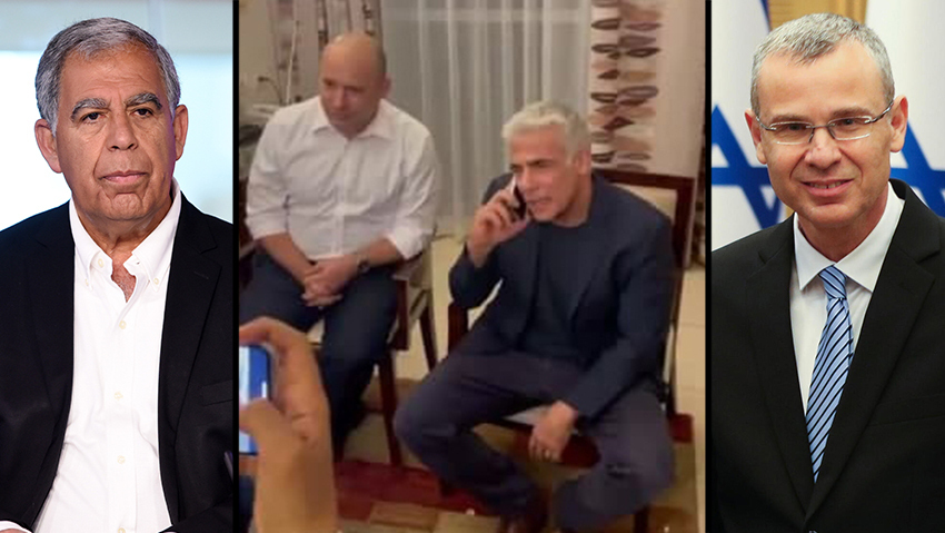 Knesset speaker candidate MK Mickey Levy, Yamina chief Naftali Bennett and Yesh Atid leader Yair Lapid, Knesset Speaker Yariv Levin 