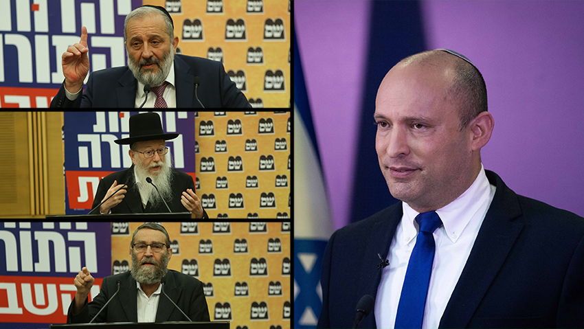 In descending order: Shas head Arye Deri and UTJ co-leaders Yaakov Litzman and Moshe Gafni; Right: Yamina chief Naftali Bennett  