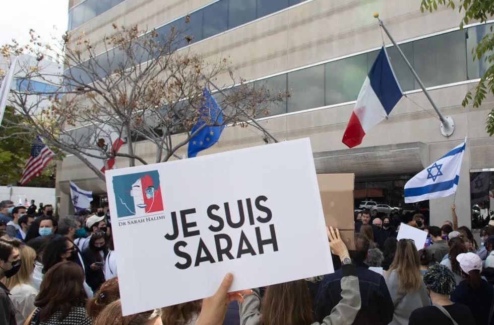 The Jewish community holds a protest in front of the Consulate General of France in Los Angeles, California to demand justice for Sarah Halimi on April 25, 2021.