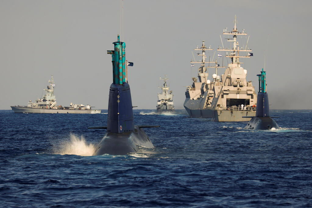 Leviathan and a second Israeli navy submarine are seen during a naval manoeuvre in the Mediterranean Sea off the coast of Haifa, northern Israel 