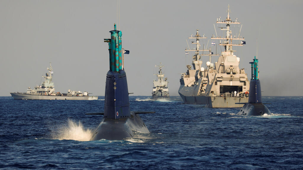 Leviathan and a second Israeli navy submarine are seen during a naval manoeuvre in the Mediterranean Sea off the coast of Haifa, northern Israel 