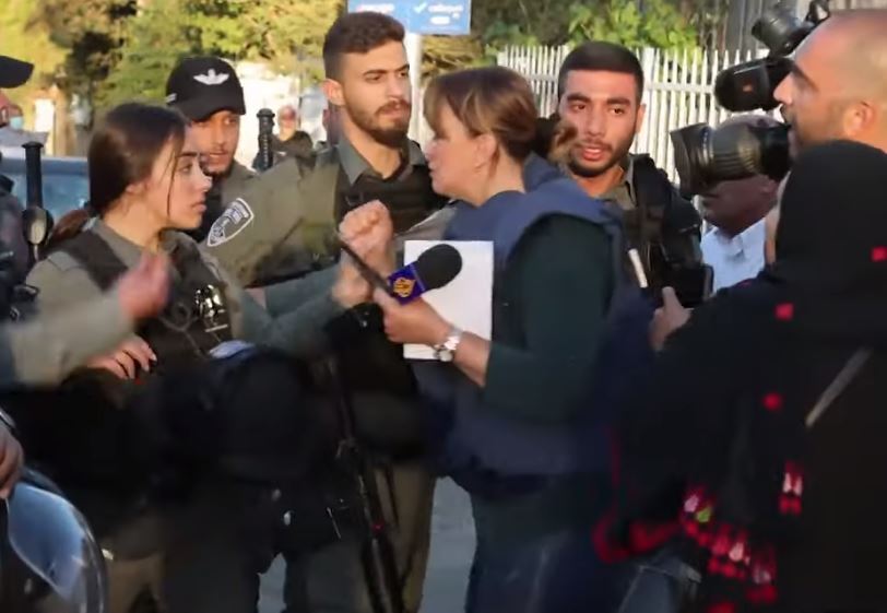 Al Jazeera reporter Givara Budeiri being detained by police in East Jerusalem last Saturday 