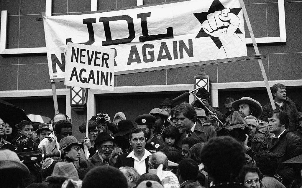 Meir Kahane stands in the center of a Jewish Defense League protest in Washington, March 1977 