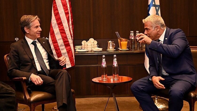 Then-opposition leader Yair Lapid meeting with U.S. Secretary of State Antony Blinken in  Jerusalem, May 2021 