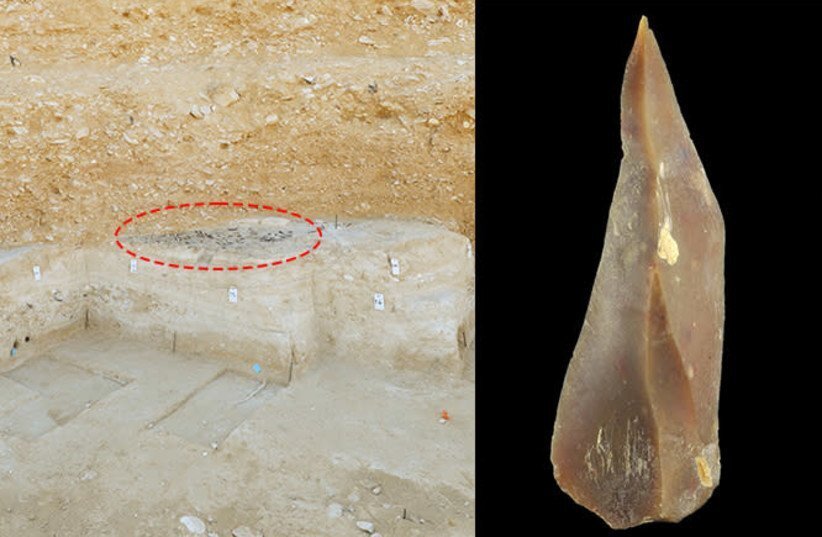(L-R) View of the Boker Tachtit excavation site. Circled: a group of unearthed flint stone artifacts; Flint point representative of the Upper Paleolithic in Boker Tachtit. 