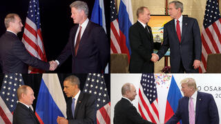 קולאג' פוטין עם נשיא ארה"ב לשעבר ביל קלינטון ג'ורג' בוש הבן ברק אובמה ו דונלד טראמפ