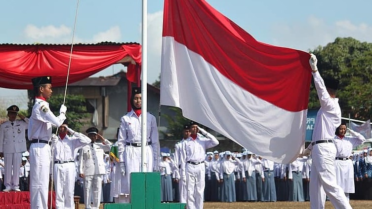 A flag raising ceremony of the Indonesian national flag in Jakarta 