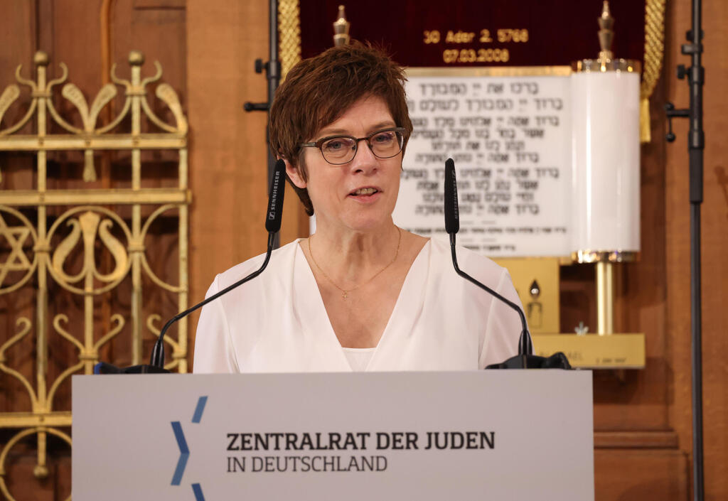 German Defense Minister Annegret Kramp-Karrenbauer speaks during the ceremony to inaugurate Rabbi Zsolt Balla as the first federal rabbi of the Bundeswehr, Germany's armed forces, at the main synagogue on June 21, 2021 in Leipzig, Germany 