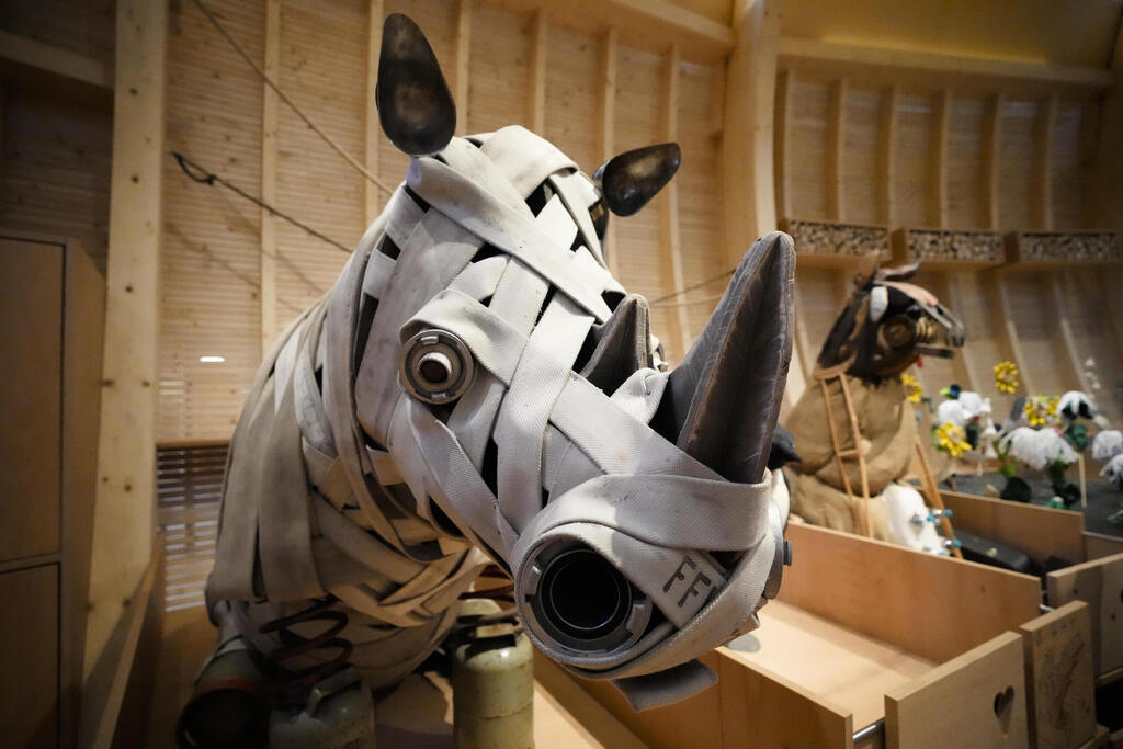 Animals that are made out of recycled material are on display at the interactive exhibit about the story of Noah's Ark, at the Jewish Museum in Berlin