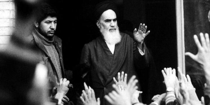 Ayatollah Ruhollah Khomeini speaking to followers in Tehran during the 1979 Islamic revolution 