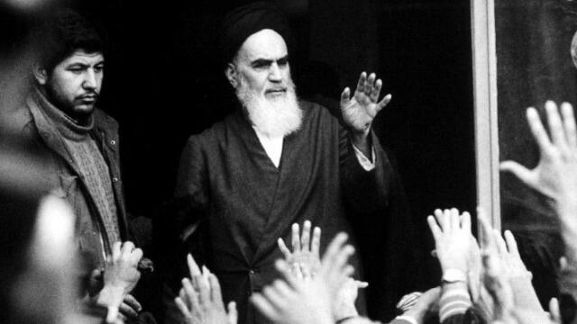 Ayatollah Ruhollah Khomeini speaking to followers in Tehran during the 1979 Islamic revolution 