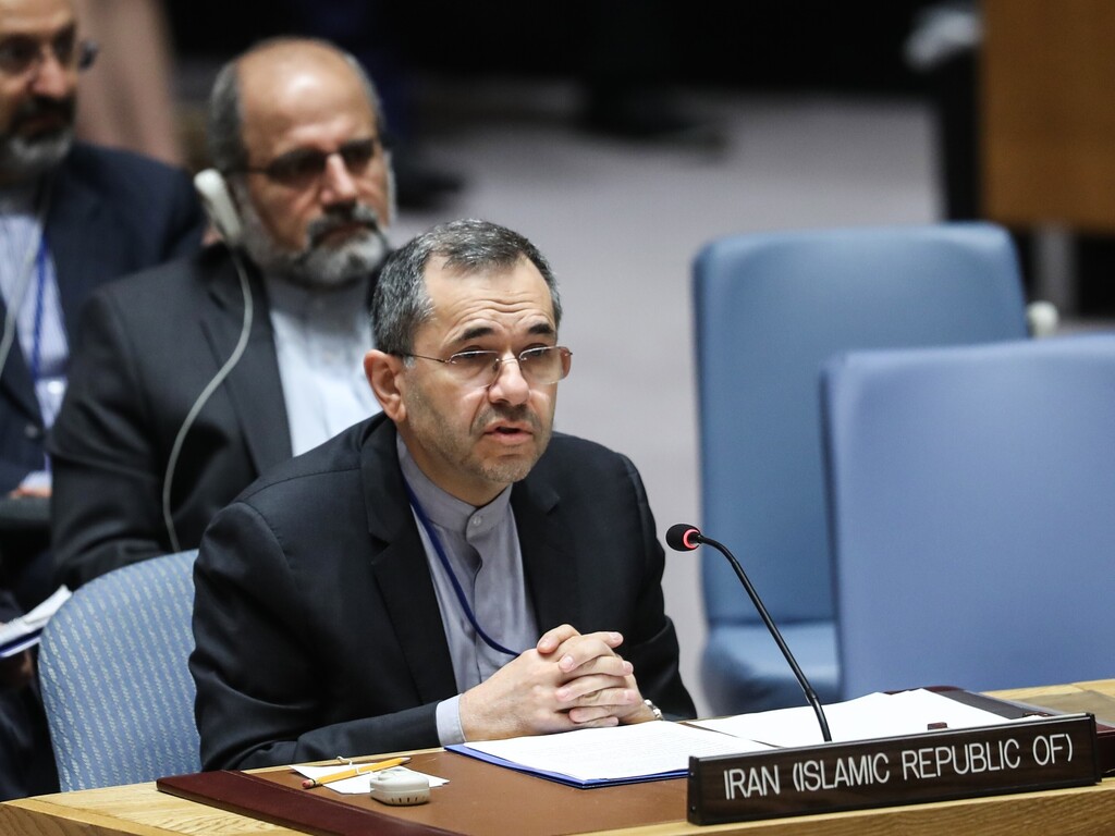 Iran UN envoy Majid Takht Ravanchi speaking at the security council last year 