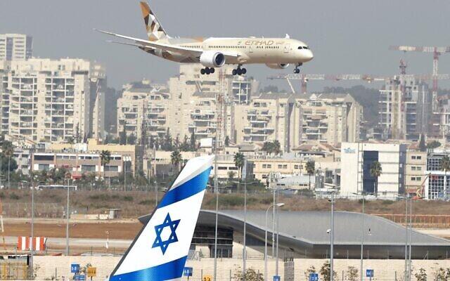 An Etihad Airways plane carrying a delegation from the United Arab Emirates on a first official visit lands at Israel's Ben Gurion Airport near Tel Aviv, on October 20, 2020 