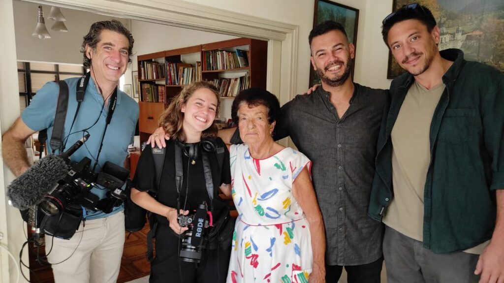 Uriya Rosenman, right, and Sameh Zakout, second from right, visit one of Zakout’s Jewish neighbors in the mixed Arab and Jewish city of Ramla during taping for a documentary (Photo: Pierre Assouline) Uriya Rosenman, right, and Sameh Zakout, second from right, visit one of Zakout’s Jewish neighbors in the mixed Arab and Jewish city of Ramla during taping for a documentary