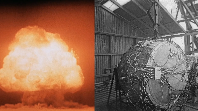 מימין: הפצצה הגרעינית הראשונה; משמאל: ניסוי טריניטי, הפיצוץ הגרעיני הראשון 