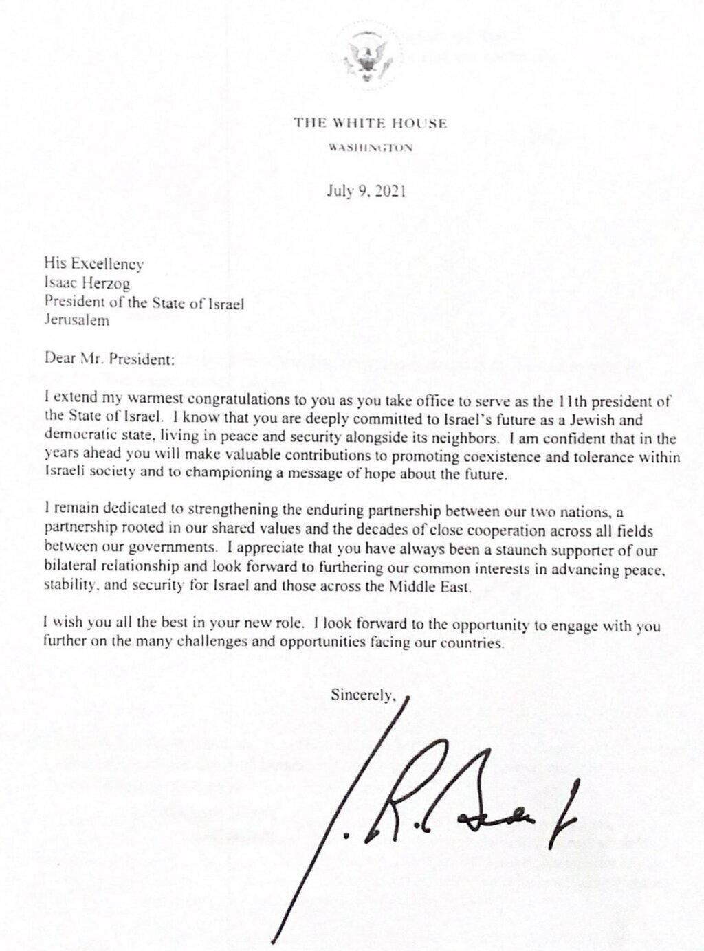 The letter sent by U.S. President Joe Biden to his newly elected Israeli counterpart Isaac Herzog, July 11, 2021 