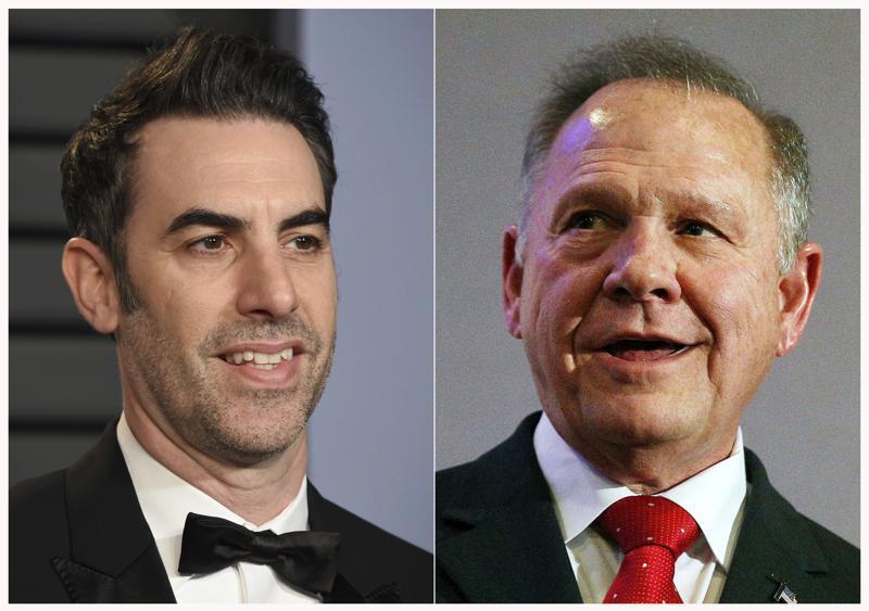 actor-comedian Sacha Baron Cohen at the Vanity Fair Oscar Party in Beverly Hills, Calif. on March 4, 2018, left, and former Alabama Chief Justice and then U.S. Senate candidate Roy Moore 