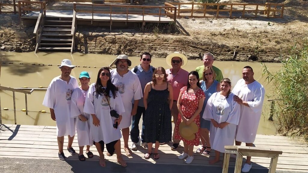 Participants in a reent trip to Israel by the Center for Latino-Jewish Relations at the Jordan River 