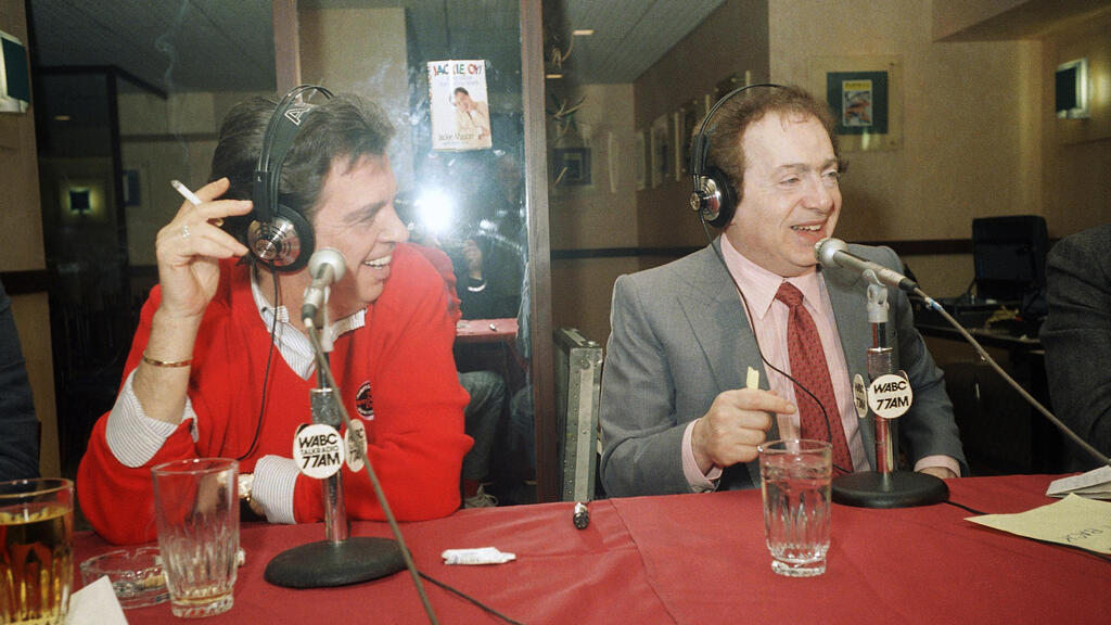  Jackie Mason, right, hosts TV personality Morton Downey Jr. during a live radio broadcast