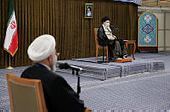 Iranian Supreme Leader Ayatollah Ali Khamenei speaking to a cabinet meeting in Tehran on Wednesday while outgoing president Hassan Rouhani looks on 