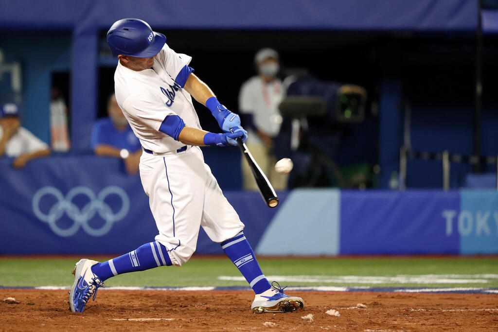 Ian Kinsler #3 of Team Israel bats in the fifth inning against Team United States during the baseball opening round Group B game on day seven of the Tokyo 2020 Olympic