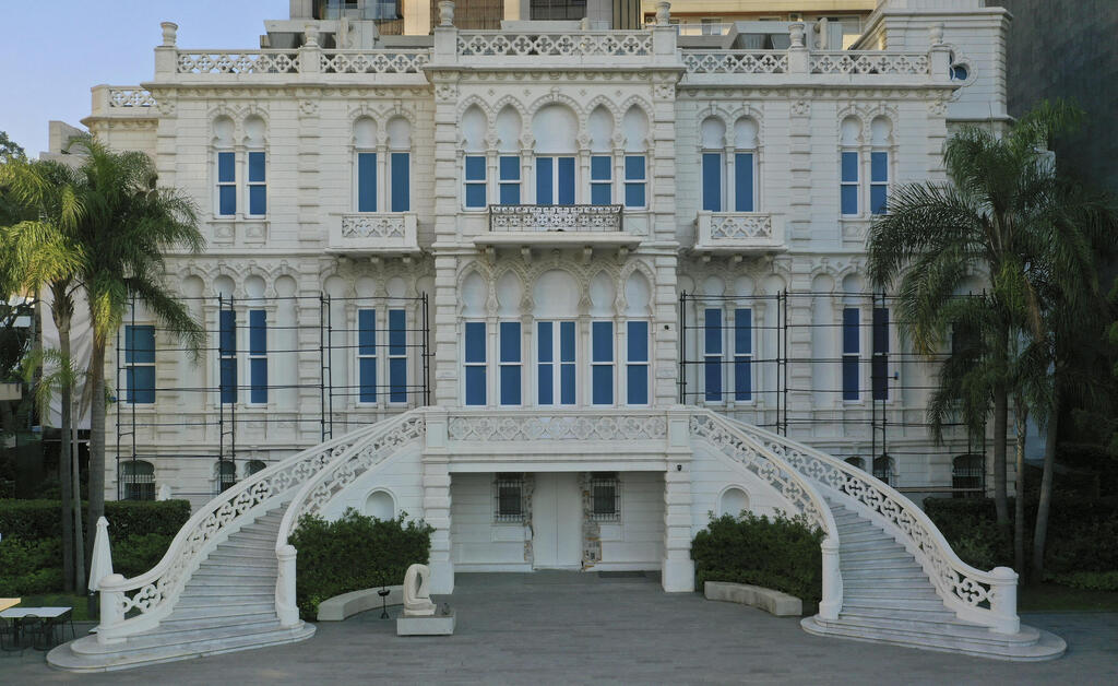 The facade of the Sursock Museum was reconstructed after it was decimated in a massive explosion last August in the port of Beirut, Lebanon