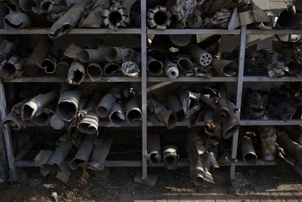 Remains of rockets, fired from the Gaza Strip which have landed in southern Israel, are displayed at the police station in Sderot, Israel, Tuesday, July 20, 2021