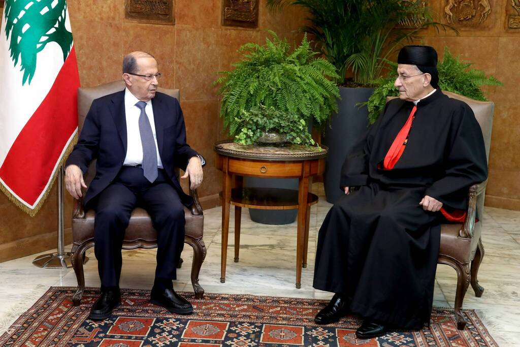 Lebanese President Michel Aoun (left) meets with Lebanon's Cardinal Mar Bechara Boutros al-Rai, the Maronite Patriarch of Antioch and the Whole Levant, at the Presidential Palace in Baabda 