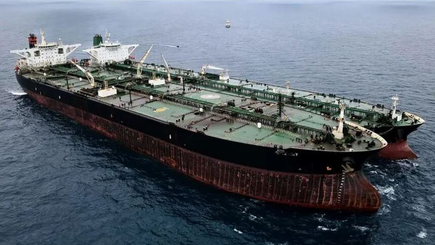 A seized Iranian tanker and Panamanian vessel suspected of illegally transferring oil in Indonesian waters on January 24, 2021.