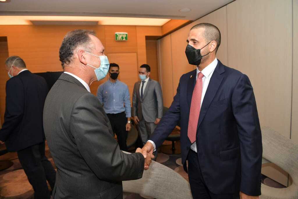 Gil Haskel, chief of state protocol at Israel's Foreign Ministry, welcomes Bahraini ambassador Khaled Yousef al-Jalahmah at Ben Gurion Airport on Tuesday 