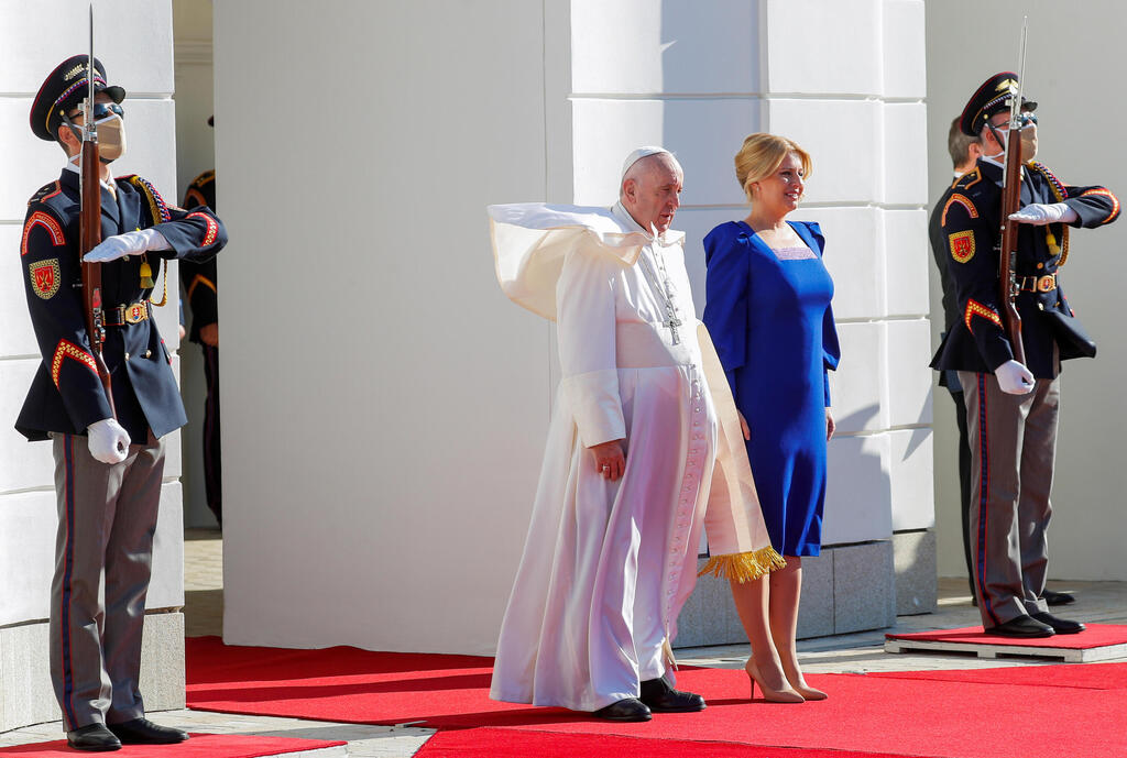 Pope Francis arrives for a meeting with Slovakia's President Zuzana Caputova