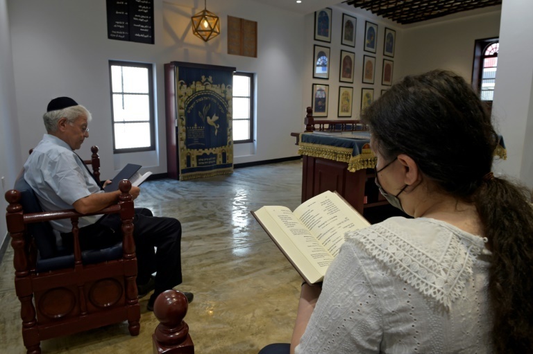 Ebrahim Nonoo, the head of the Jewish Community in Bahrain, prays on the sabbath at the House of Ten Commandments Synagogue in the capital Manama 