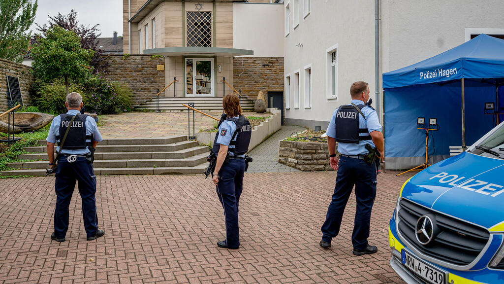 Police secures the area in front of the synagogue in Hagen, western Germany on September 16, 2021 