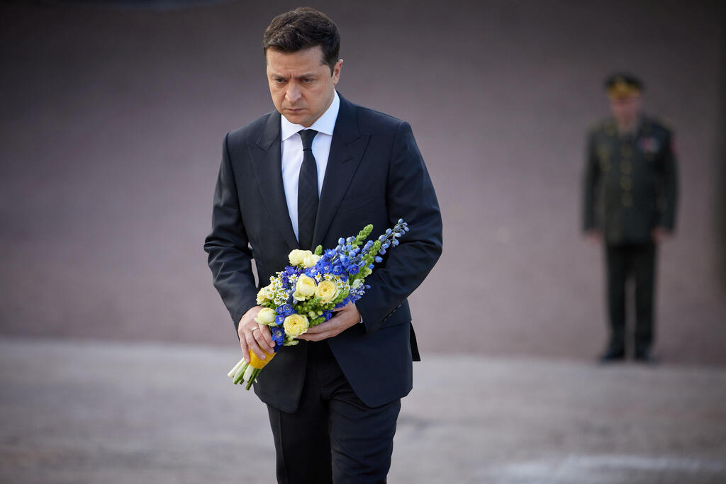 Ukrainian President Volodymyr Zelenskiy takes part in a commemoration ceremony for the victims of Babyn Yar (Babiy Yar), one of the biggest single massacres of Jews during the Nazi Holocaust, in Kyiv Ukraine 
