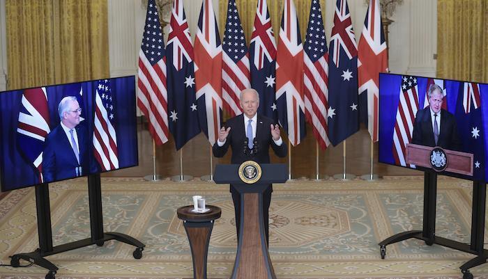 Biden participates is a virtual press conference with British prime minister Boris Johnson and Australian prime minister Scott Morrison to announces the AUKUS alliance