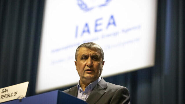 Mohammad Eslami, new head of Iran’s nuclear agency (AEOI) talks on stage at the International Atomic Energy’s (IAEA) General Conference in Vienna, Austria, September 20, 2021