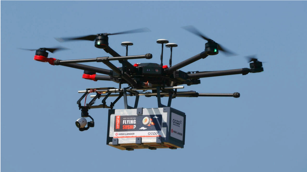A drone carrying a box marked 'Flying Sushi' is airborne in the coastal city of Herzliya
