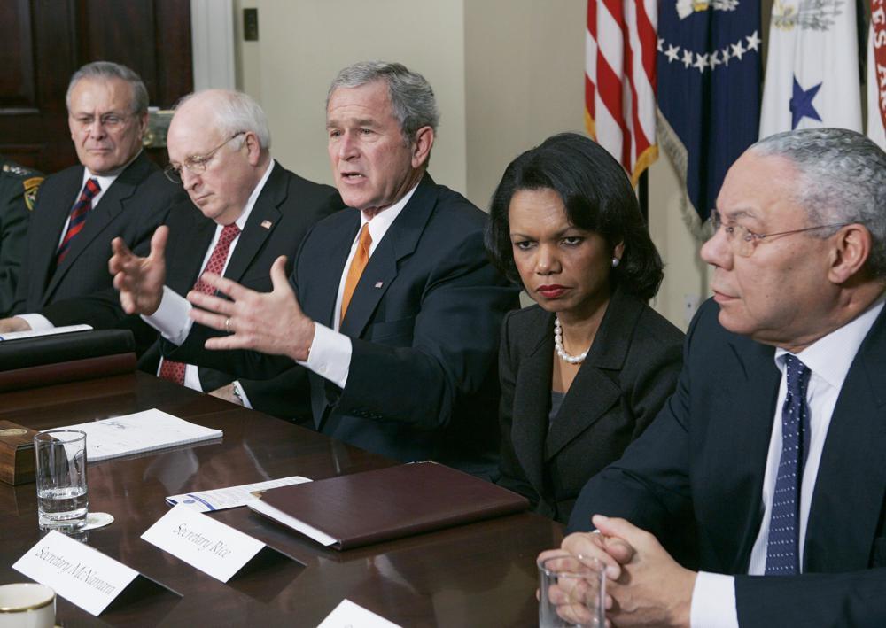 President Bush, center, meets with Secretaries of State and Defense in the Roosevelt Room at the White House. From left to right are Secretary of Defense Donald H. Rumsfeld, Vice President Dick Cheney, Bush, Secretary of State Condoleezza Rice, and former Secretary of State Colin Powell. Colin Powell 