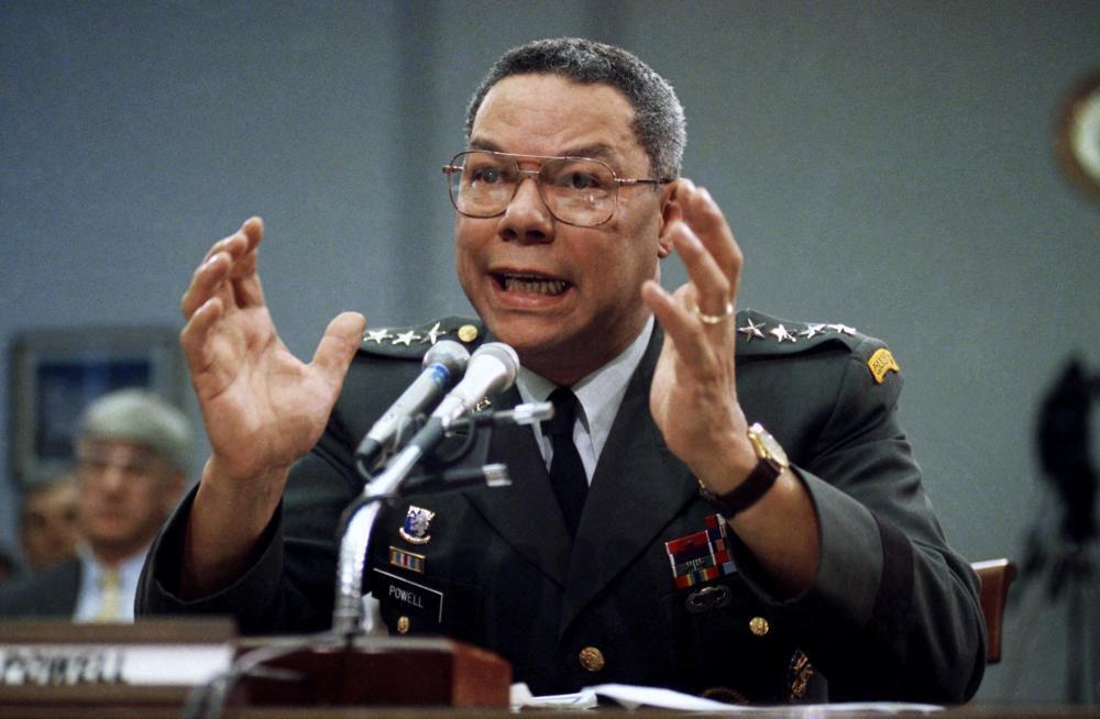Gen. Colin Powell, chairman of the Joint Chiefs of Staff, speaks on Capitol Hill in Washington, at a House Armed Services subcommittee 