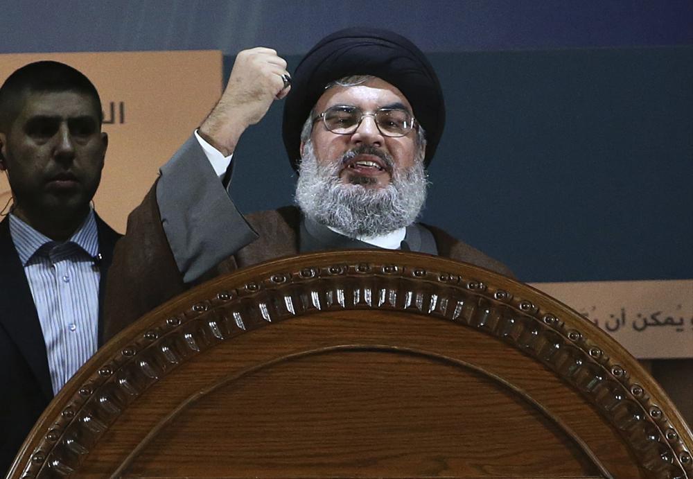 Hezbollah leader Sheik Hassan Nasrallah speaks during a rally to mark Jerusalem day, or Al-Quds day, in the southern suburb of Beirut, Lebanon 