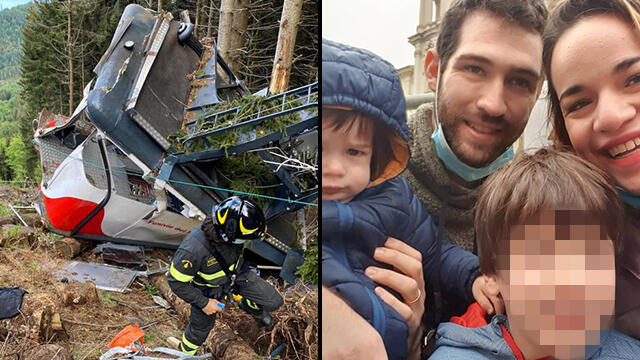 На месте падения кабинки канатной дороги. Семья Биран-Пелег перед катастрофой (Фото: EPA) משפחת בירן על רקע מקום האסון