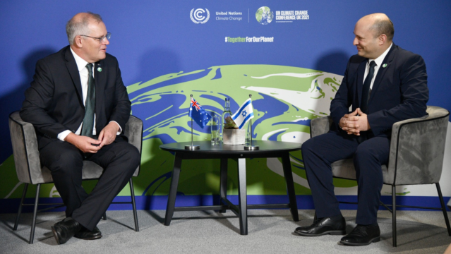 Australian Prime Minister Scott Morrison, left, and Prime Minister Naftali Bennett  